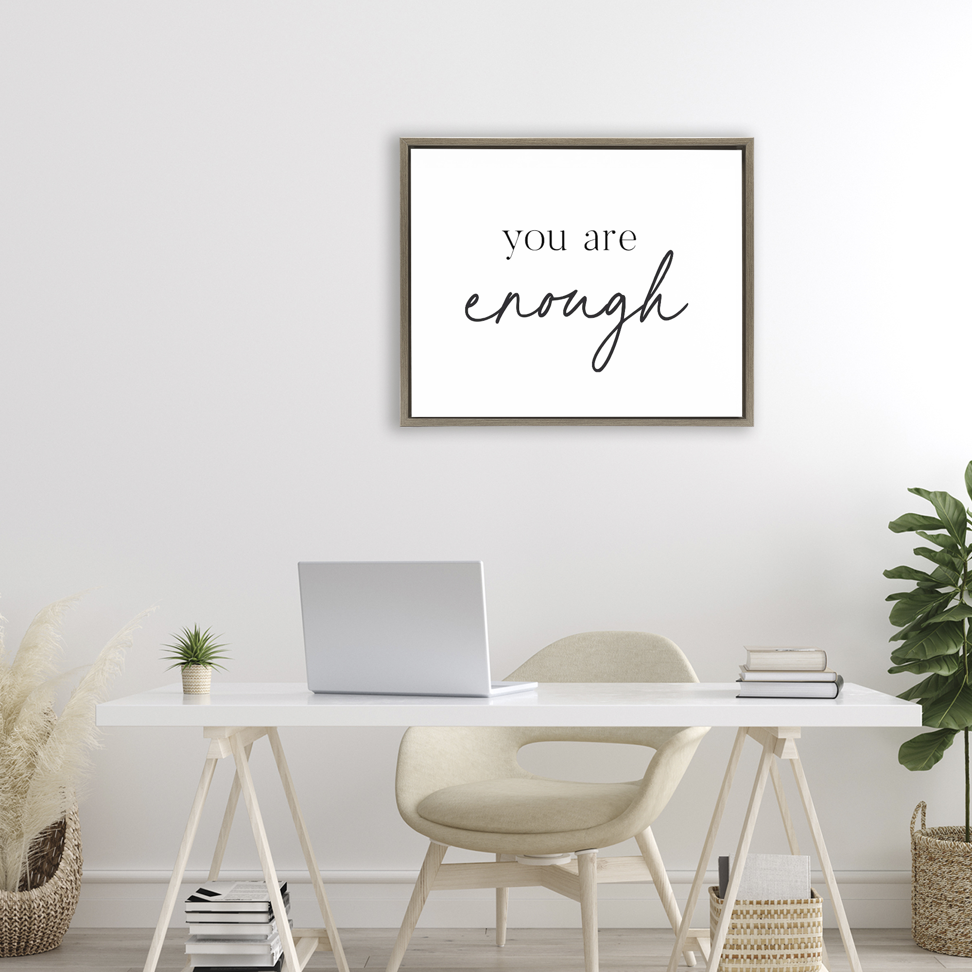 You Are Enough Sentiment Brown Framed Floater Canvas Wall Art, design by Lettered and Lined