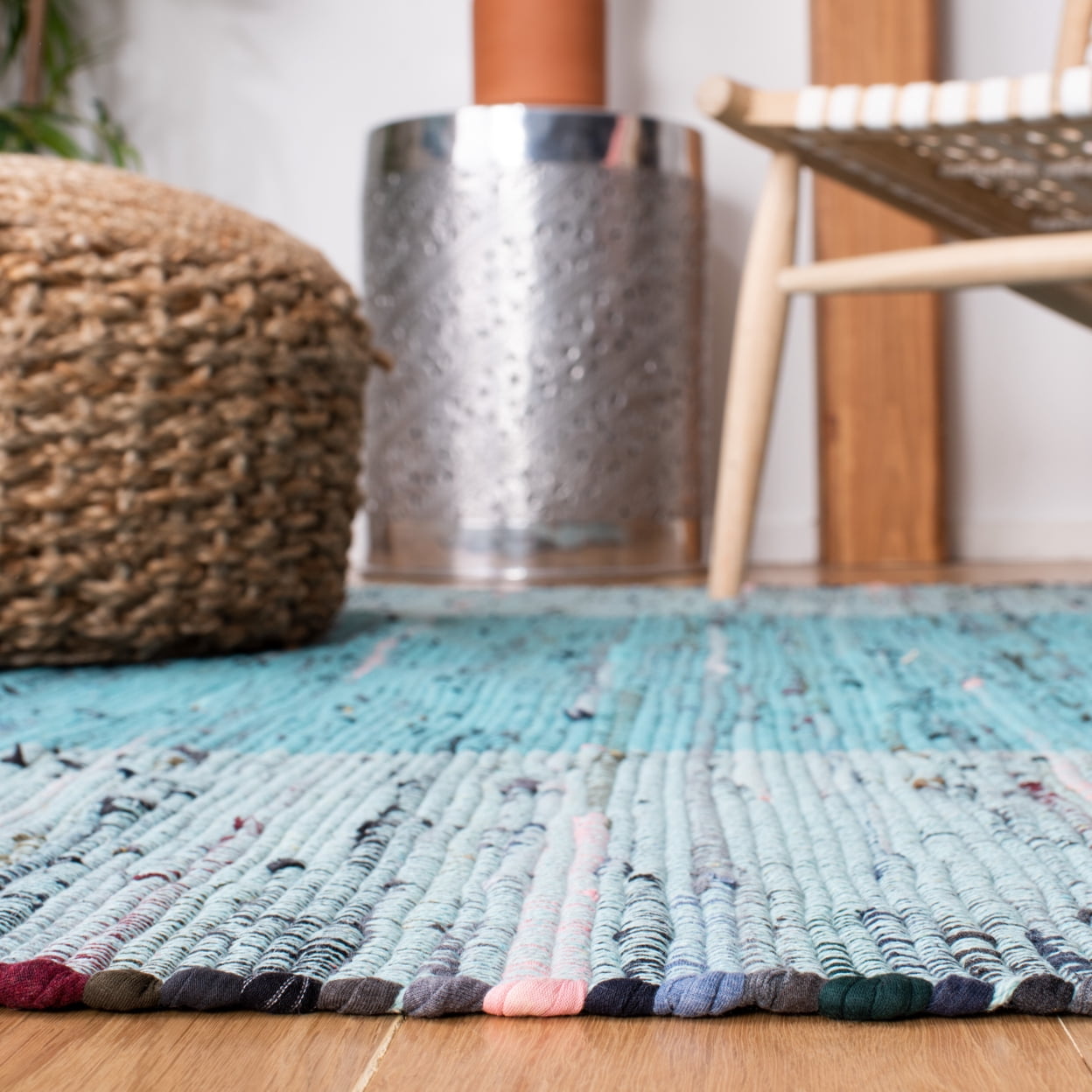SAFAVIEH Rag Romeo Striped Fringe Cotton Area Rug, Light Blue/Grey, 6' x 9'