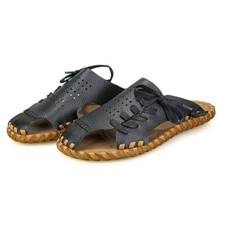 

JUST CLEARANCE Fashion Cowhide Men Summer Slippers Casual Shoelace Decoration Male Slippers black