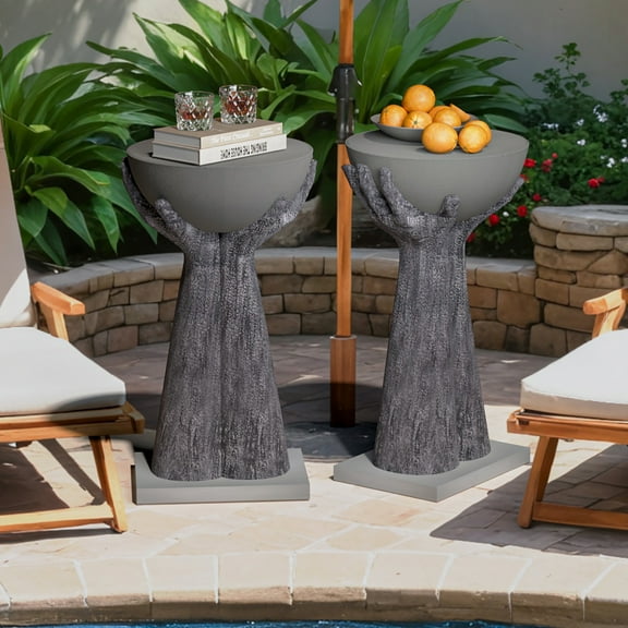 COSIEST Set of 2 Outdoor Side Table, Two Hands-Shaped Base w Round Top Accent Table, Lightweight Plant Stand, Concrete Finish