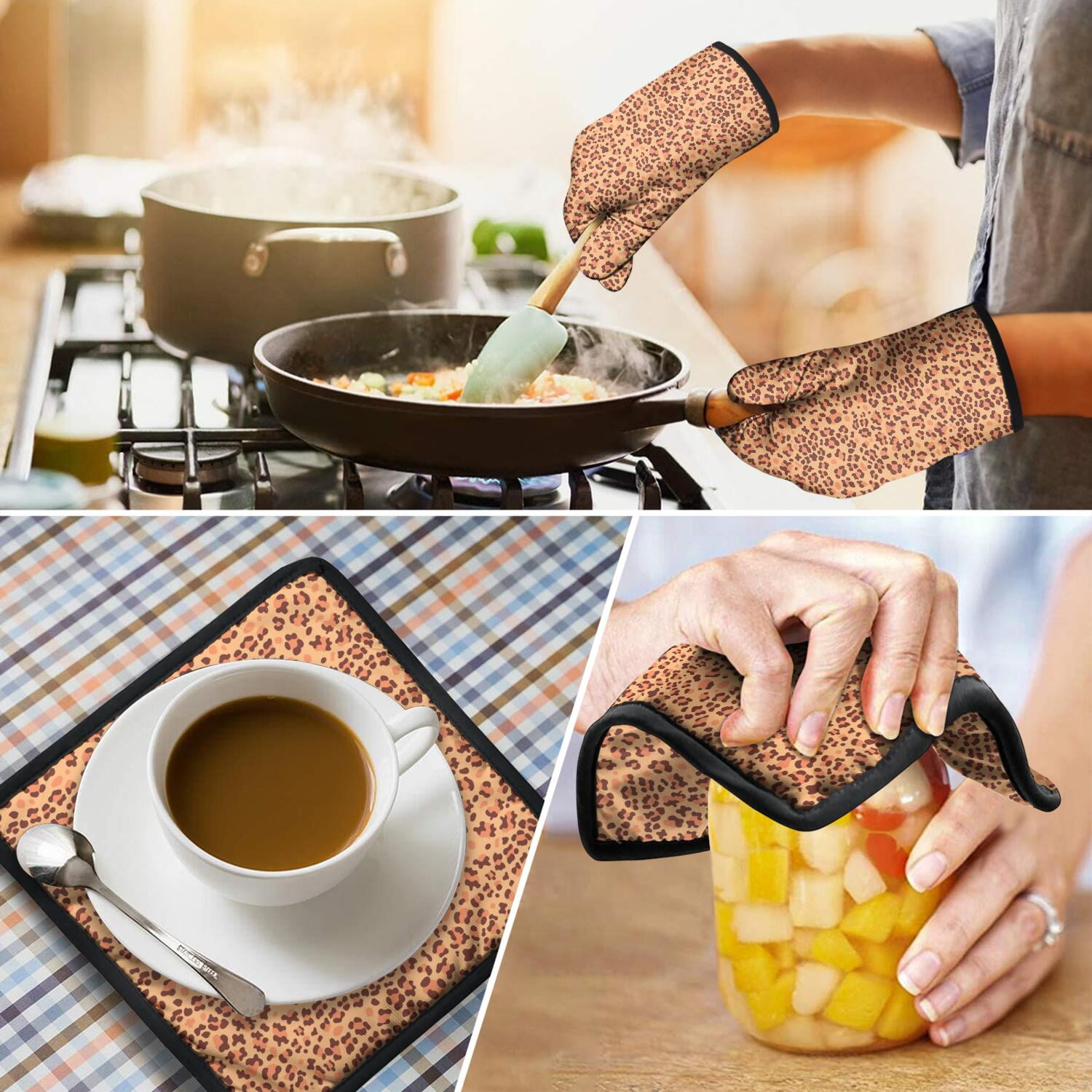 Leopard Print Oven Mitts and Pot Holders Set Of 4, Heat Resistant Kitchen Gloves with Non-Slip Grip, Hanging Loop, Soft Cotton Lining for Baking, Cooking, Grilling, Barbecue