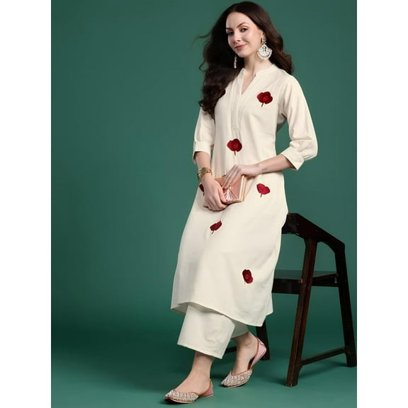 Indo Era Women Floral Embroidered Thread Work Pure Cotton Kurta with Palazzos - Indian Ethnic Traditional Wear Kurta Set
