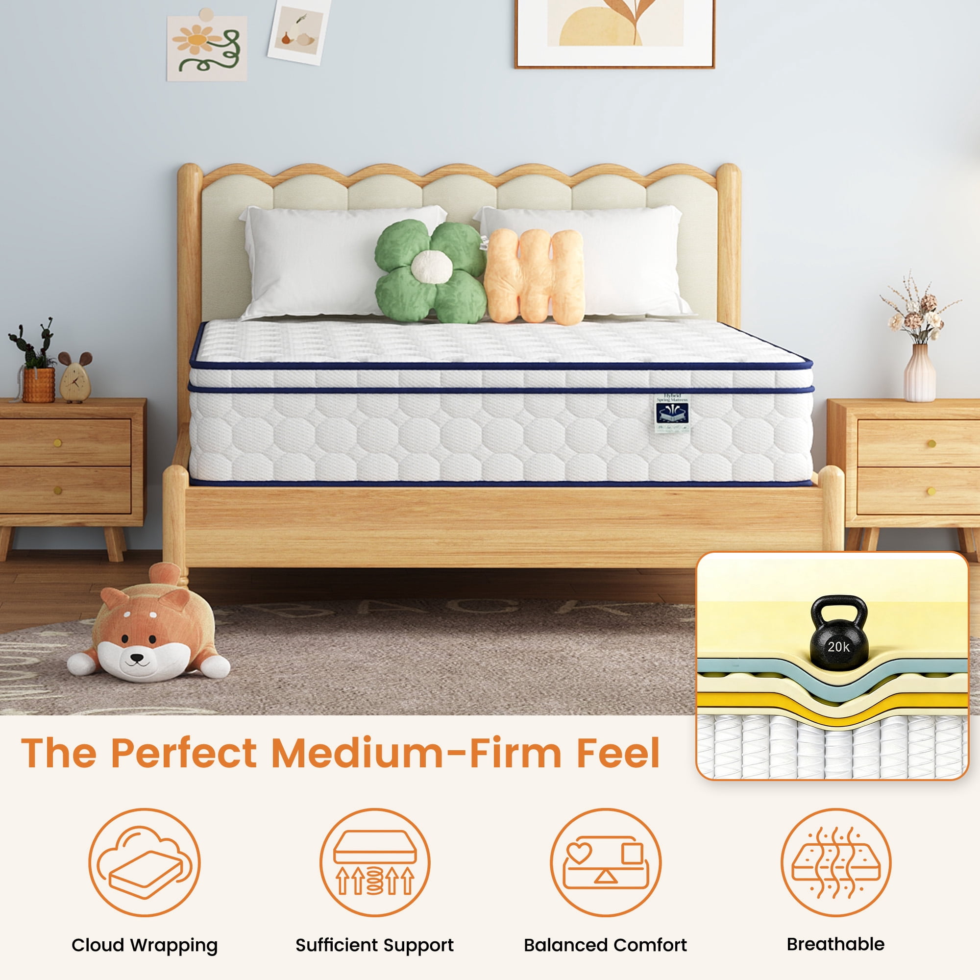 Queen Size Mattress - 12 Inch Gel-Infused Memory Foam & Pocket Springs, Medium Feel, CertiPUR-US Certified, Pressure Relieving & Cool Night Sleep