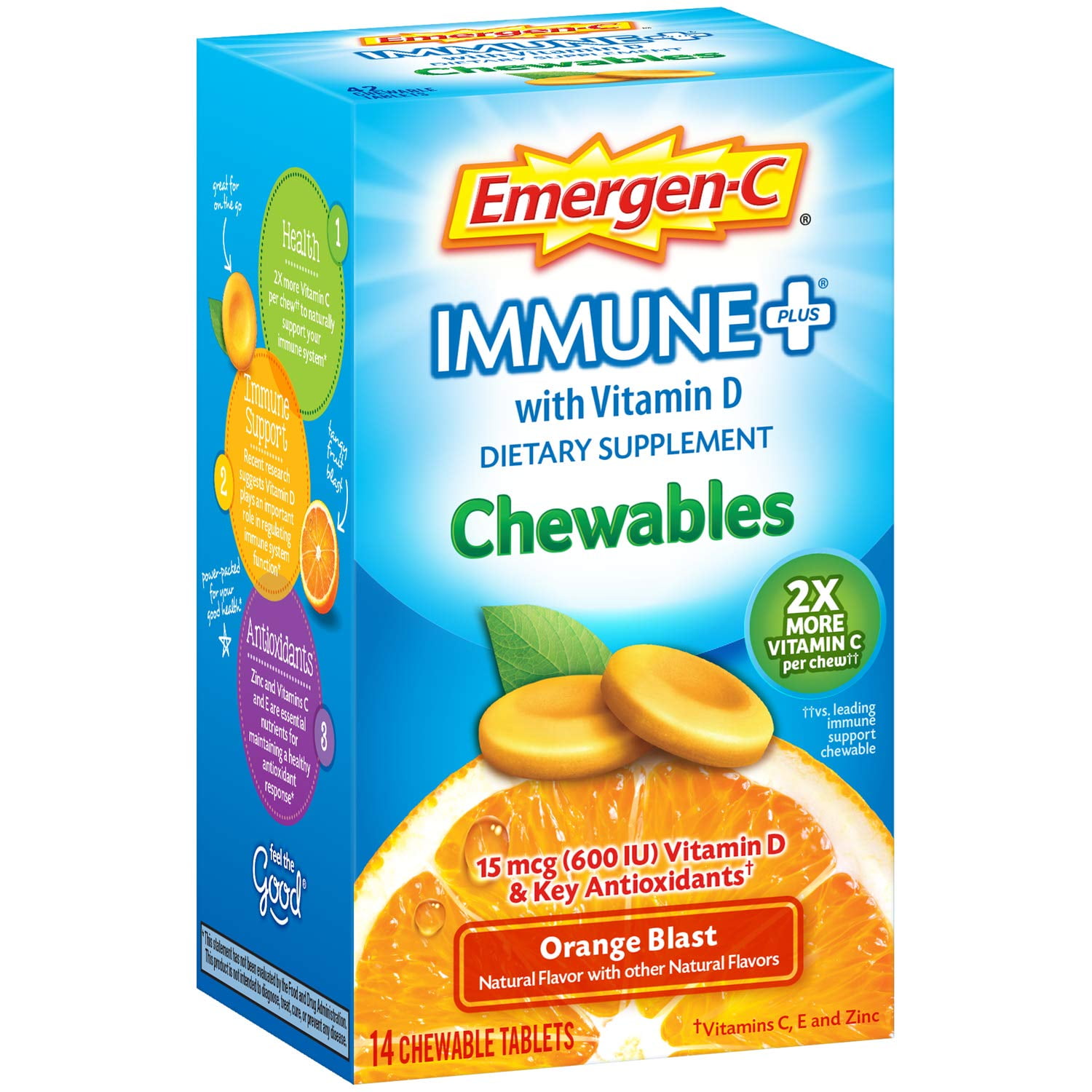 Emergen-C Immune+ Chewables (14 Count, Orange Blast Flavor) Immune System Support Dietary Supplement Tablet With 600 IU Vitamin D, 1000mg Vitamin C