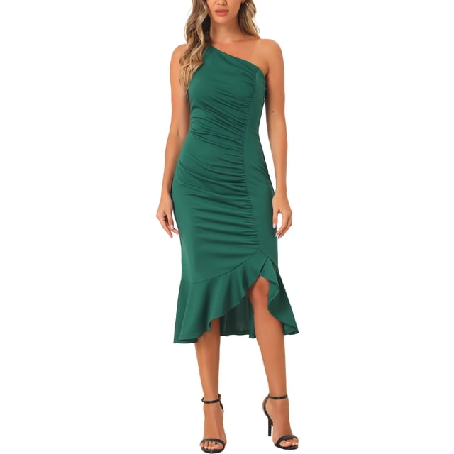Unique Bargains Robe Midi Sans Manches à une Épaule Froncée pour Femme Vert Foncé m