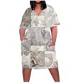 thumbnail image 1 of Pisexur Robes d'Été pour Femmes Mode Multicolore à Imprimé Floral Robe Soleil Décontractée Ample à Col en V à Manches Courtes Robes T-Shirt Fluides Surdimensionnées Robe Soleil avec Poches Grande Taille Robe Midi G-5TG, 1 of 5