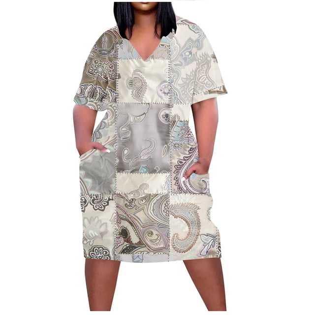Pisexur Robes d'Été pour Femmes Mode Multicolore à Imprimé Floral Robe Soleil Décontractée Ample à Col en V à Manches Courtes Robes T-Shirt Fluides Surdimensionnées Robe Soleil avec Poches Grande Taille Robe Midi G-5TG
