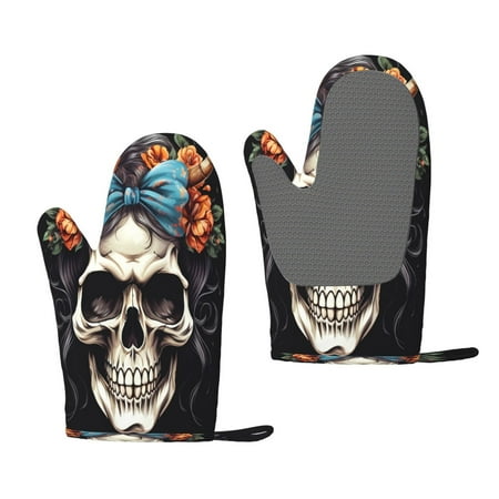 

Junzan Bow Flower Skull for Oven Mitts 2 Piece Set BBQ Gloves Grilling Gloves Heat Resistant Oven Gloves Kitchen Silicone Oven Mitts for Barbecue/Cooking/Baking