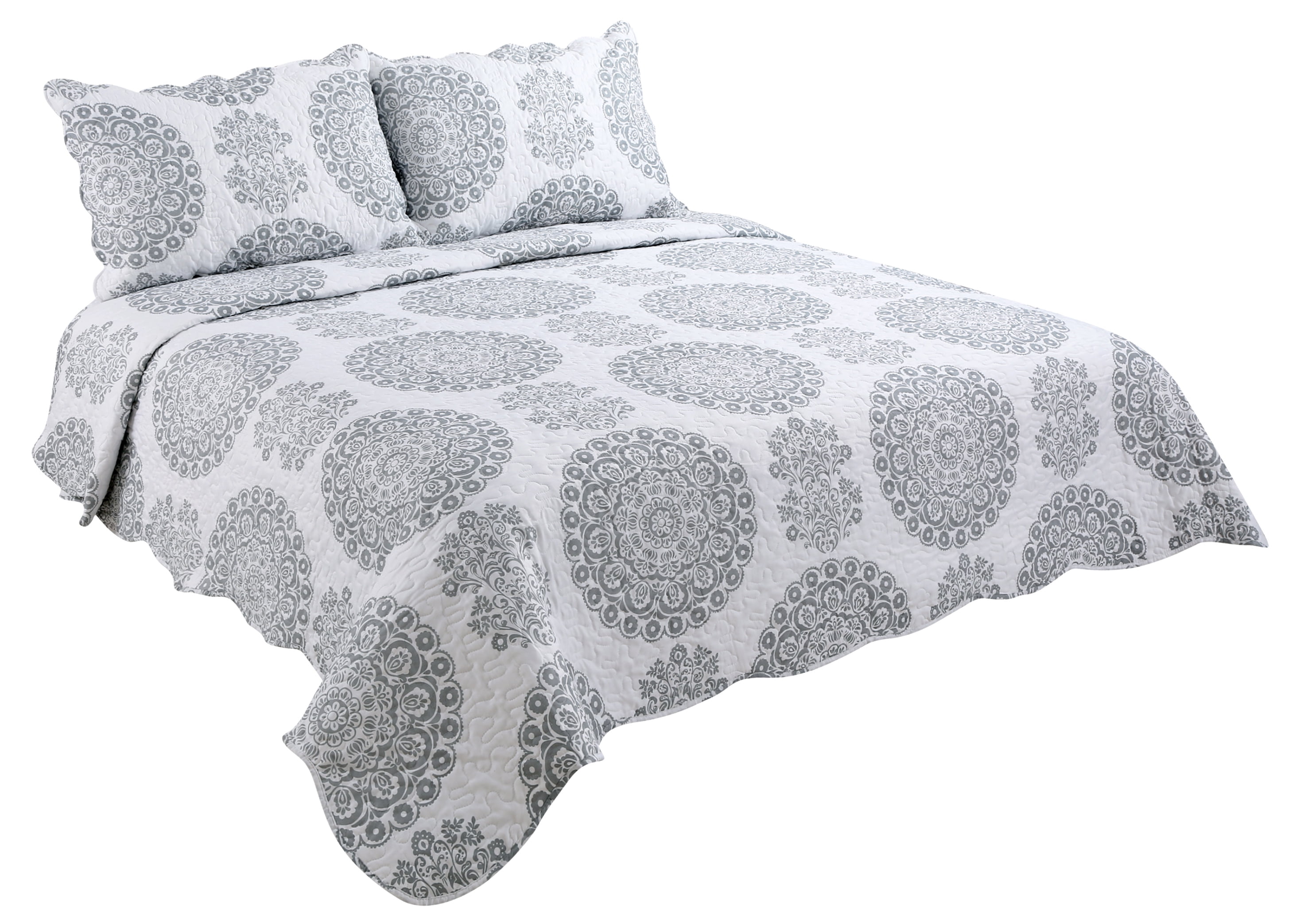 Marina Decoration Rich Printed Stitching Coverlet Bedspread Ultra Soft Bedding Summer Quilt Set with Quilted Sham, Grey Floral Mandala Pattern