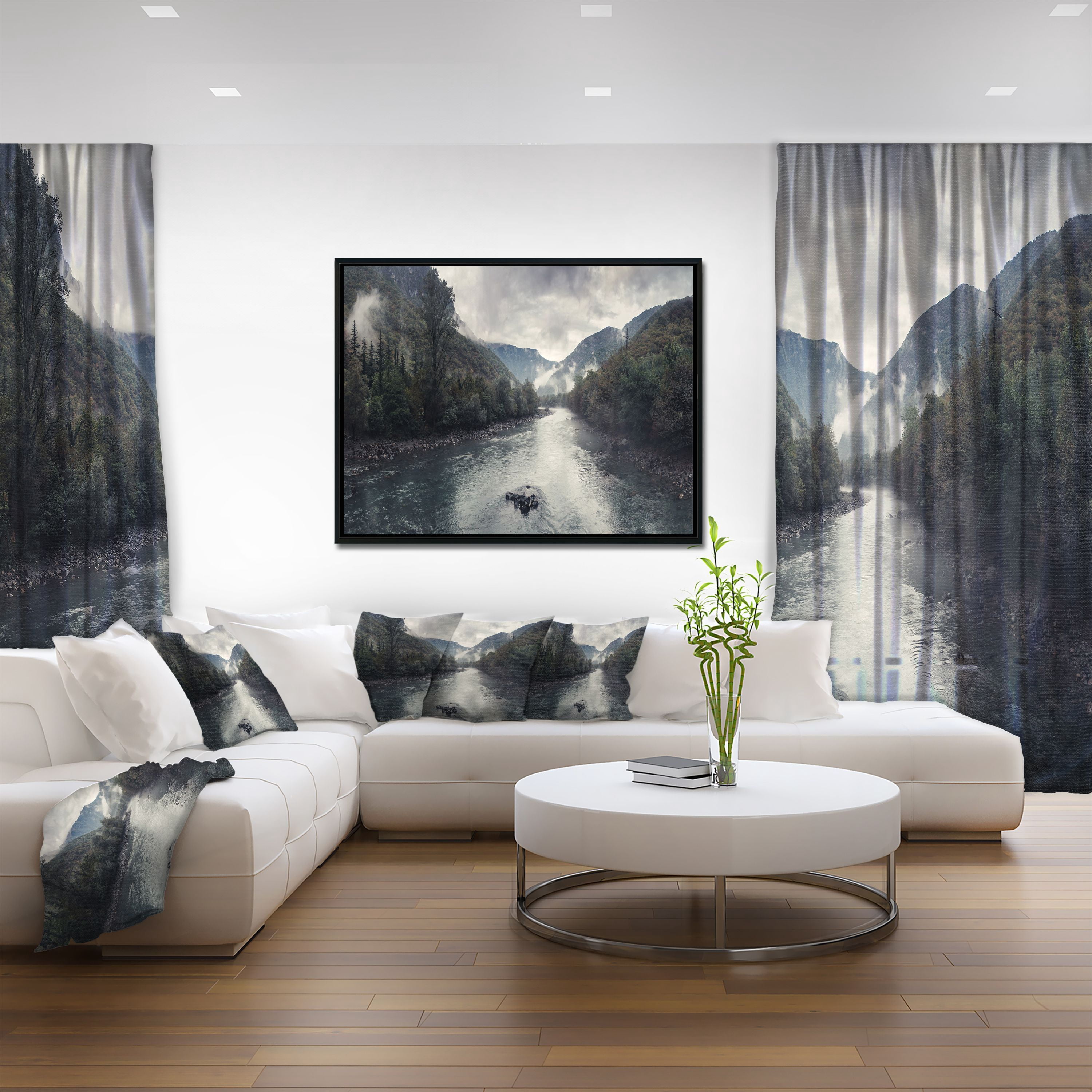Designart ' Mountain River with Fog and Rain ' Modern Seascape Framed Canvas Artwork