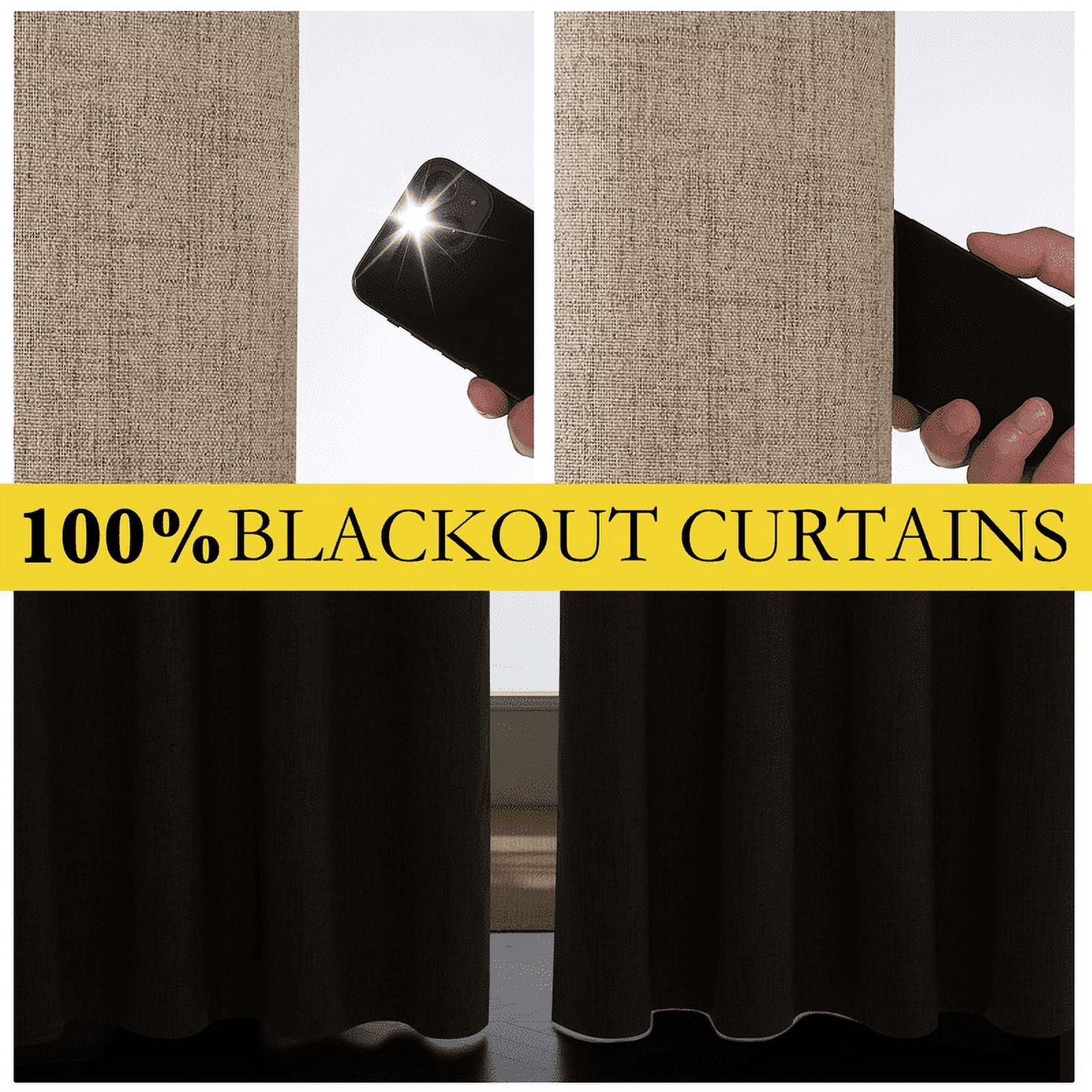 NICETOWN 100% Blackout Faux Linen Curtains Noise Reducing Thermal Insulated Grommet Solid Drapes for Living Room, 2 Panels, Burlap, 62"x90"