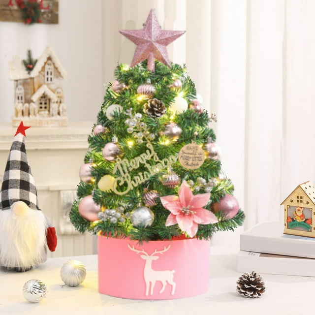 Fiudx Mini Árbol de Navidad, Adorno Blanco Flocado, Cadena de Luces Led, Base de Madera Estable, Decoración para Espacios Pequeños, Ideal para Oficina En Casa, Tamaño de 45 Cm, Regalo Perfecto para L