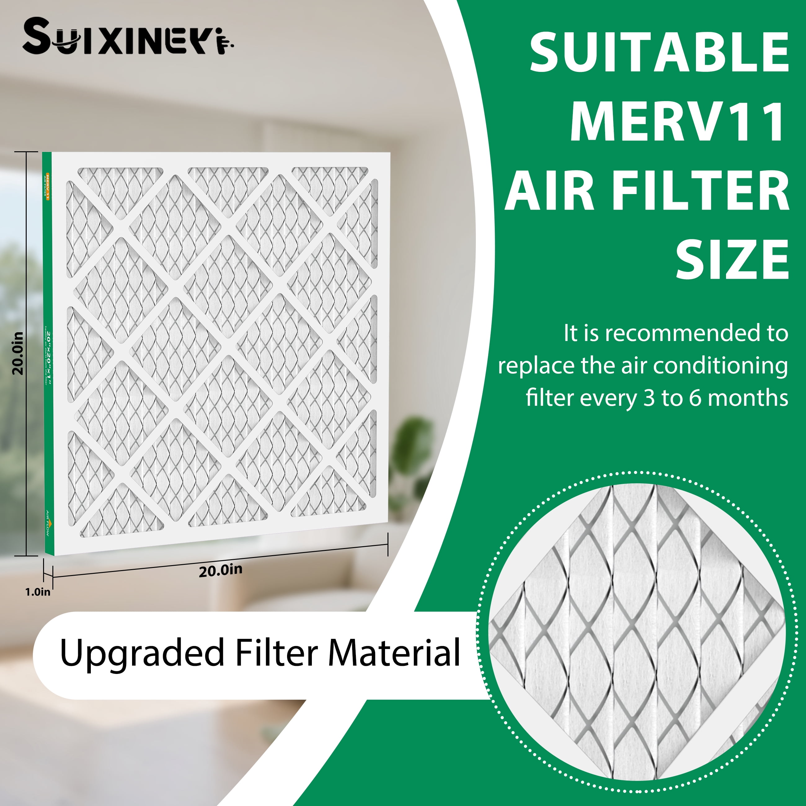 SUIXINEYI AC Filters 20X20X1 Furnace Air Filter, Pleated HVAC Air Filter MERV 11 MPR 1000, Allergen Defense,4 Filters