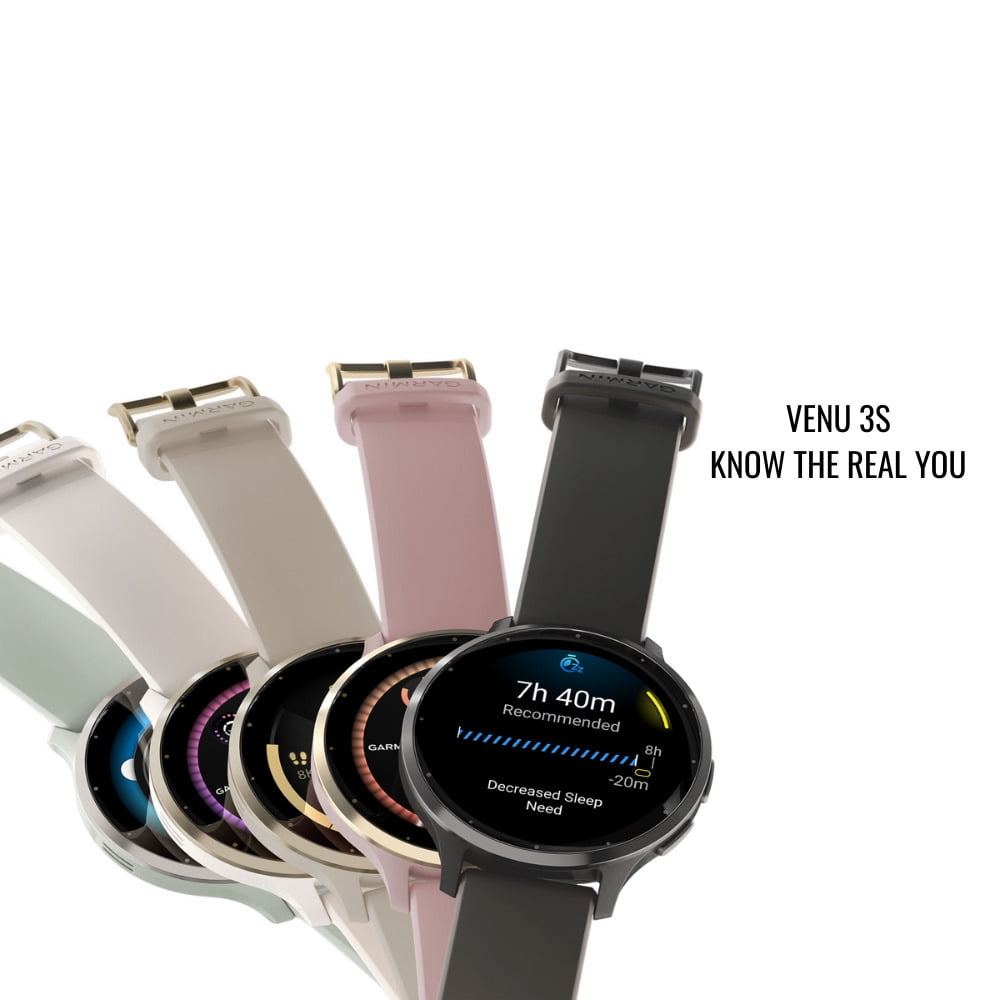 Garmin Venu 3S Soft Gold Stainless Steel Bezel Smartwatch with 41mm Ivory Case and Silicone Band Bundle with Charger Stand for Garmin Smartwatches and Focus Charger Port Protectors (9-Pack) (3 Items)