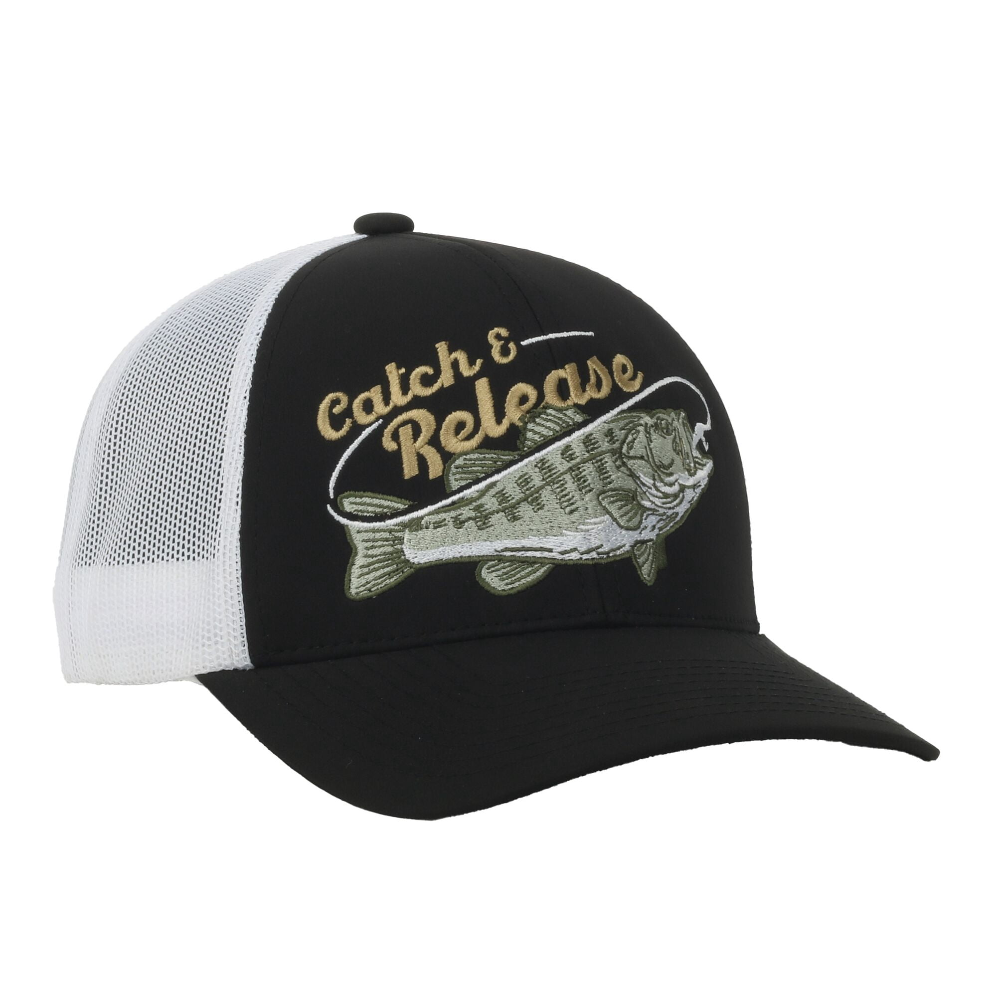 Black/White Bass 5-Panel Fishing Cap – Structured Mesh Back, Embroidered, One Size