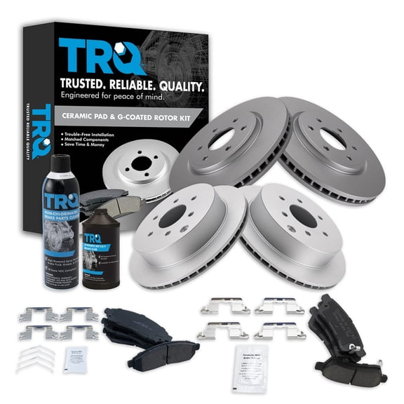 TRQ Front Rear Brake Coated Rotor Premium Ceramic Brake Pad w/Fluids for Nissan BKA23108