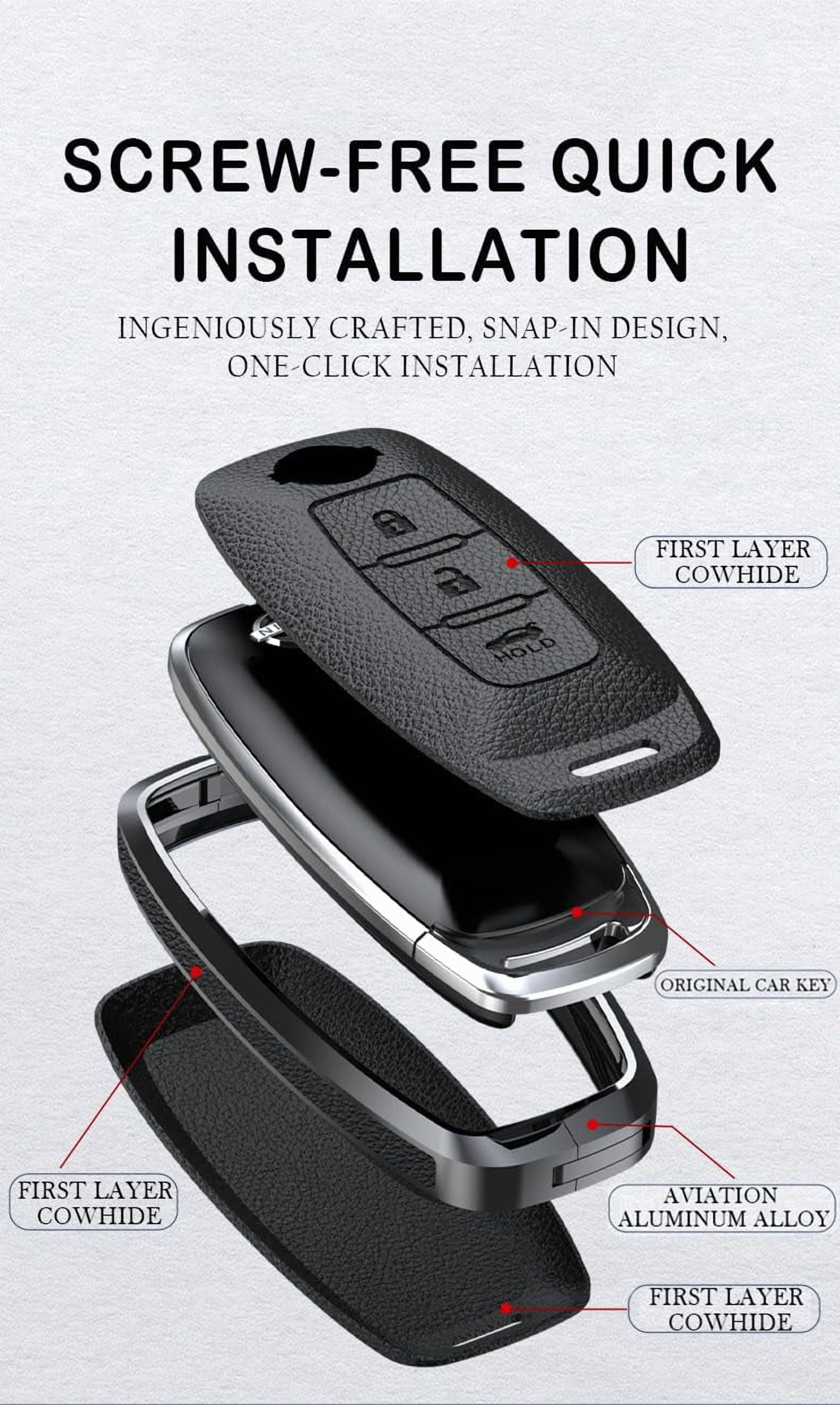 Metal Key Fob Cover with Keychain 4 Buttons Leather Key Case Holder Fit for Nissan X-trail Car Key Accessories
