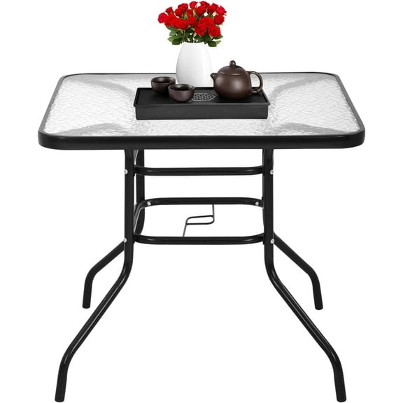 32-inch  Square Dining Patio Table - Tempered Glass Bistro Table with Umbrella Hole for Garden & Balcony