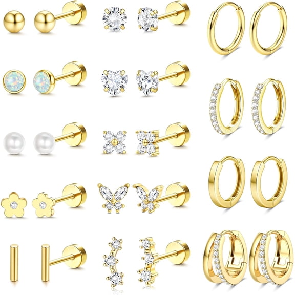 Hypoallergenic Flat Back Earrings - 14K Gold Plated Cartilage Earring Sets 20G Surgical Stainless Steel Earrings for Women Small Hoop Flatback Stud Earring Stacks Helix Conch Tragus Piercing...[v216]