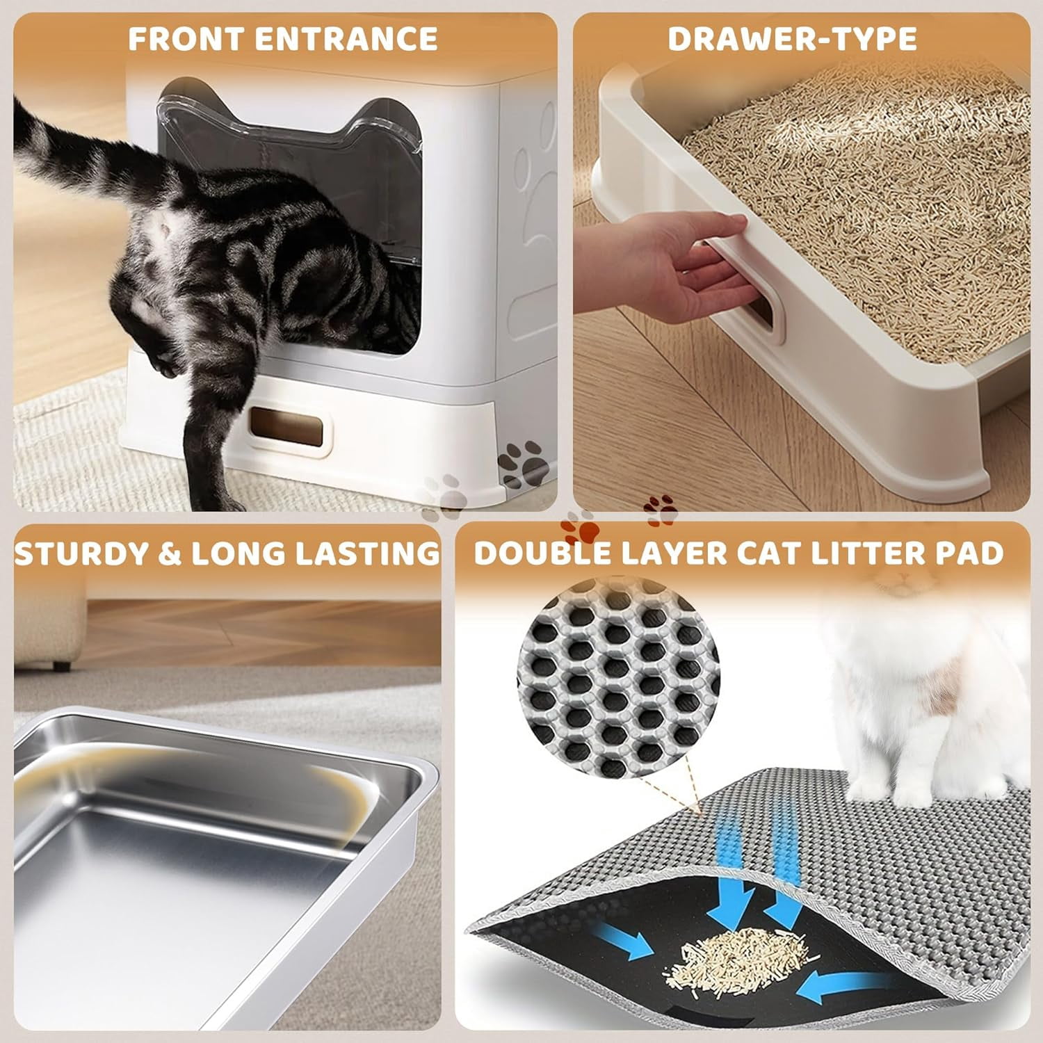 Enclosed Cat Litter Box with Lid Top Exit Covered Metal Stainless Steel Litter Box Leak Proof & Odorless Easy to Clean Including Cat Litter Scoop and Cat Litter Mat