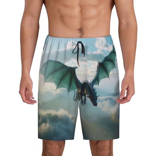 Balery Cloud Sky Green Dragon Pantalones cortos de pijama de punto de algodón para hombre con cinturilla y bolsillos-4X-Large