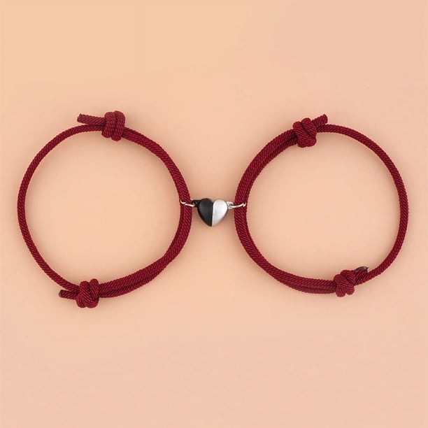Pulsera ajustable con hebilla magnética en forma de corazón en blanco y negro de moda para parejas, pulsera tejida con cuerda para mejores amigos