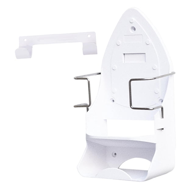 Soporte para tabla de planchar, de montaje en pared con ganchos para accesorios y almacenamiento que ahorra espacio. Blanco