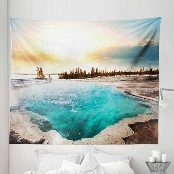 Yellowstone Tapestry, Hot Springs in Yellowstone National Park Sunshine Clouds Earth Nature, Fabric Wall Hanging Decor for Bedroom Living Room Dorm, 5 Sizes, Turquoise, by Ambesonne