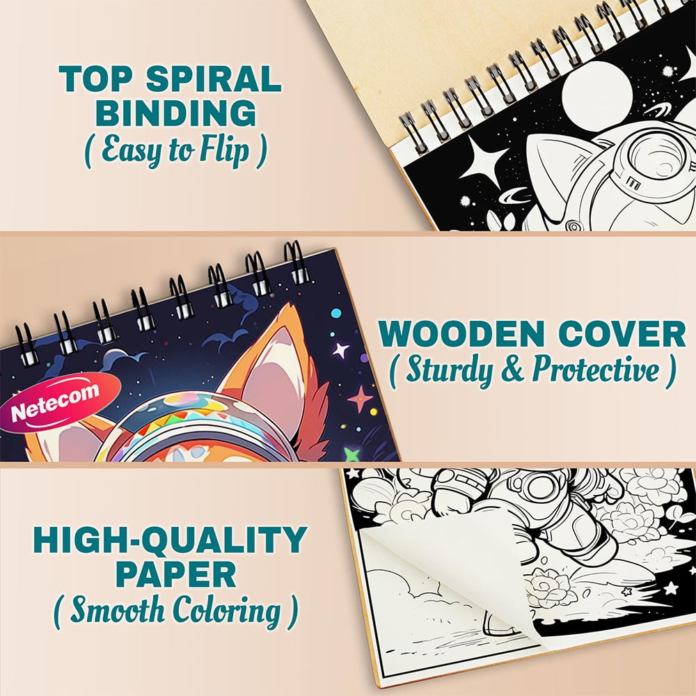 Animals In Space Coloring Book Spiral Bound For Adults, A5 Wooden Cover, 30 Dreamy Coloring Pages of Animal Journeys in cosmos for Stress Relief and Relaxation