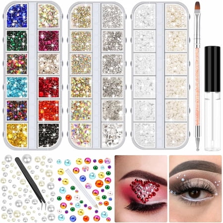 4504 Pcs Face Gems&Pearls with Glue for Makeup, Eye Jewels Rhinestones Makeup Gems, White&Beige Face Pearls with Pickup Dotting Tools for Face Eye Makeup, Nail Art, Craft Decorations Multicolor