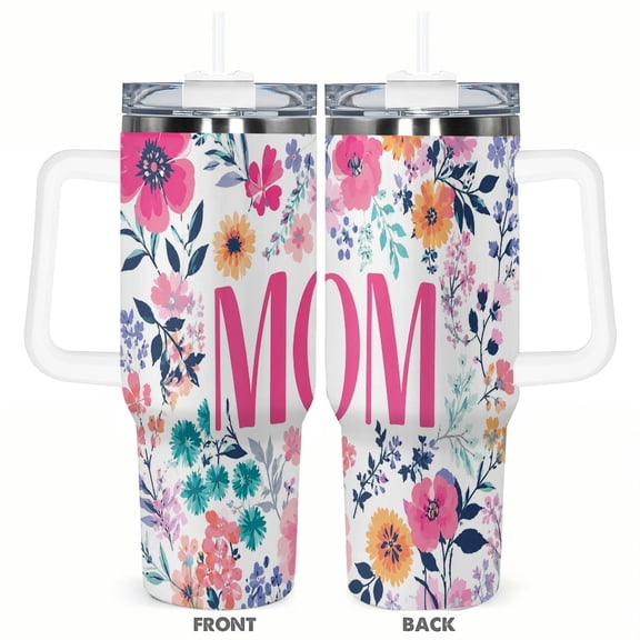 40oz Mom Floral Travel Tumbler with Handle and Straw Lid Pink Wildflower Insulated Car Coffee Cup Mothers Day Gift