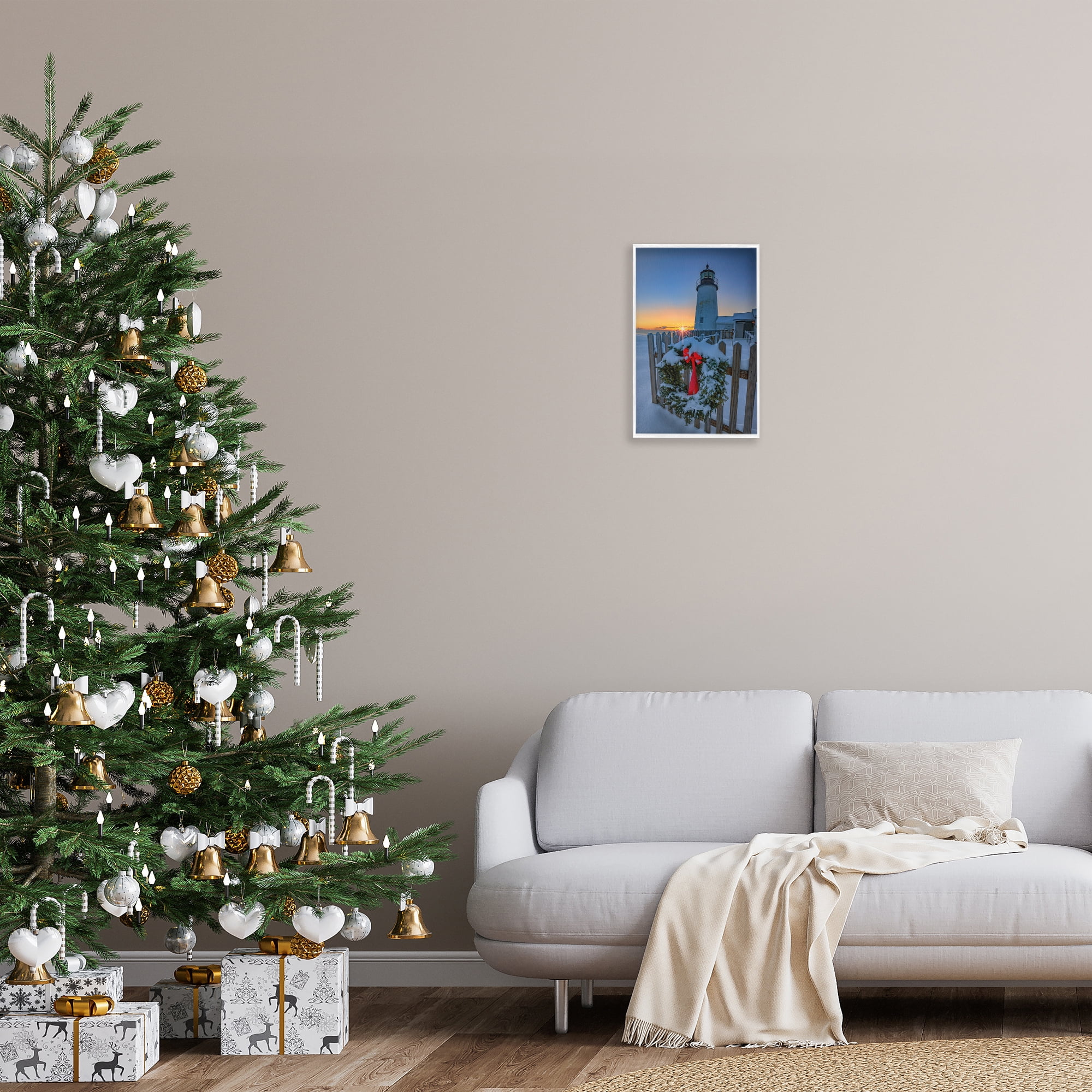 Stupell Industries Christmas Beach Lifehouse Holiday Painting White Framed Art Prints Wall Art, 12 x 18