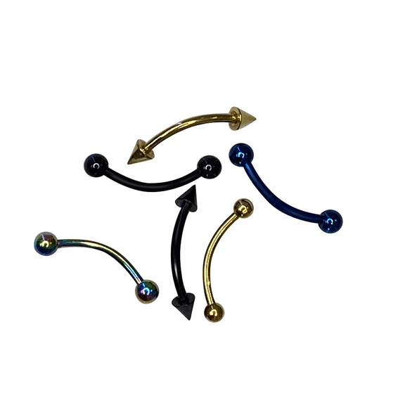 Curved Barbells balls and spikes Anodized Titanium over surgical steel