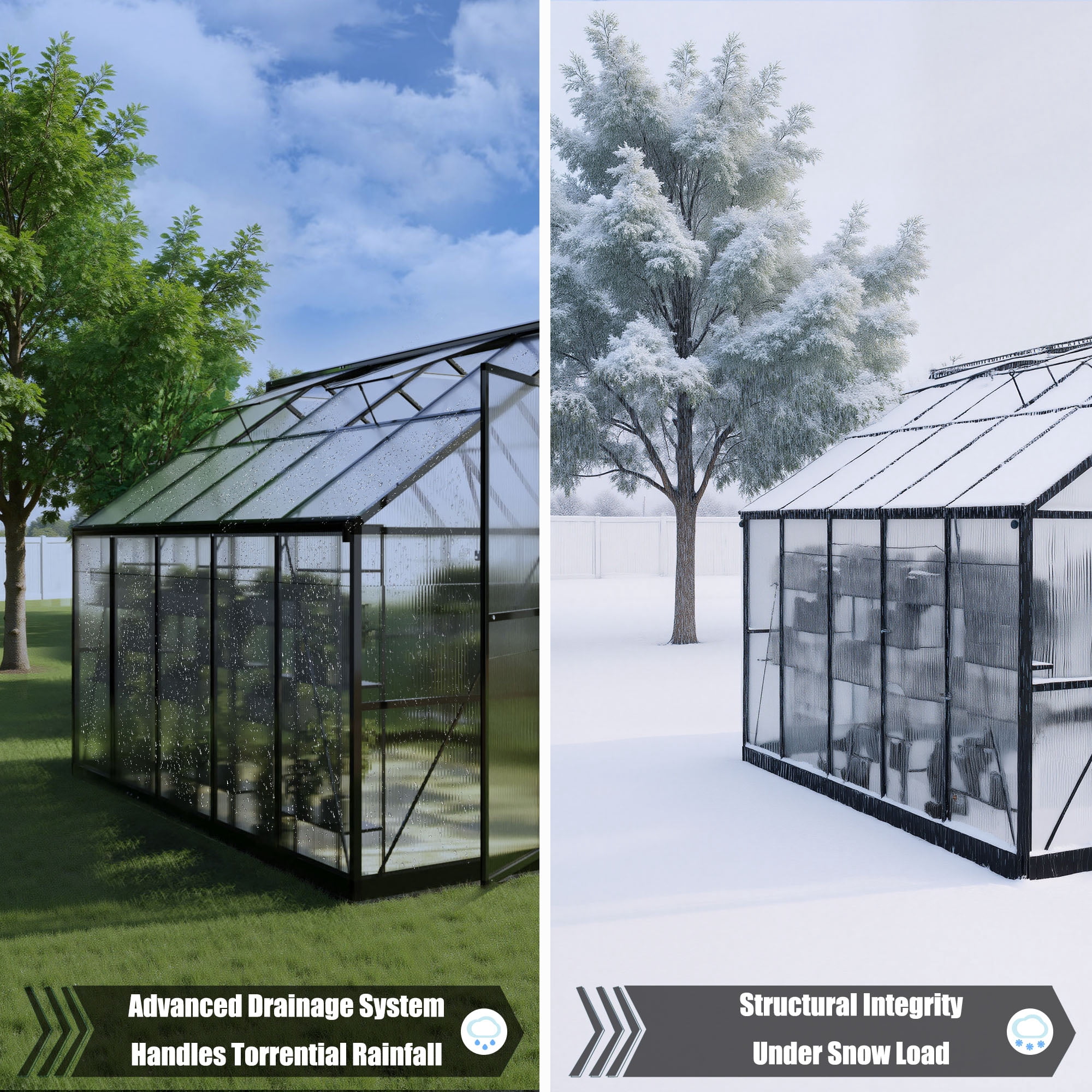 EASYHAWK 8x10 FT Greenhouse for Outdoors, Polycarbonate Green House with Quick Setup Structure and Roof Vent, Aluminum Large Walk-in Greenhouse for Outside Garden Backyard, Black