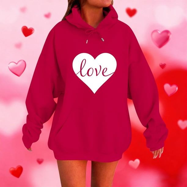 RKSTN Valentine Gift Woem's Valentines Heart Print Hoodies Plus Size Drawstring Hooded Sweatshirt Top Womens Casual Solid Overszied Graphic Printed Loose Comfy Hood Fall Spring Clothes