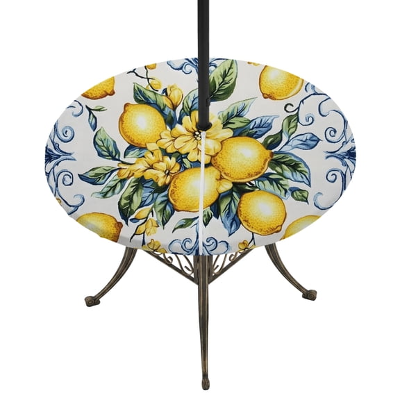 Round Outdoor Tablecloth with Umbrella Hole and Zipper, Yellow Lemon Tablecloth with Elastic Waterproof, Middle Century Blue Italian Textured Patio Table Covers for 31" - 35" Picnic Pool Tables
