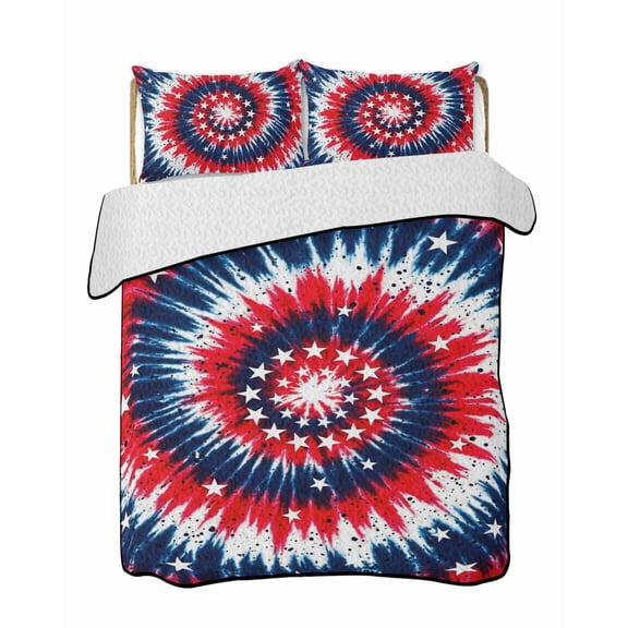 Quilt King Size Bedding Set, Blue Red Tie-dye Reversible Summer Quilt 3 Pieces, Independence Day Stars Abstract Lightweight Bedspreads Coverlets with 2 Pillow Shams for All Seasons