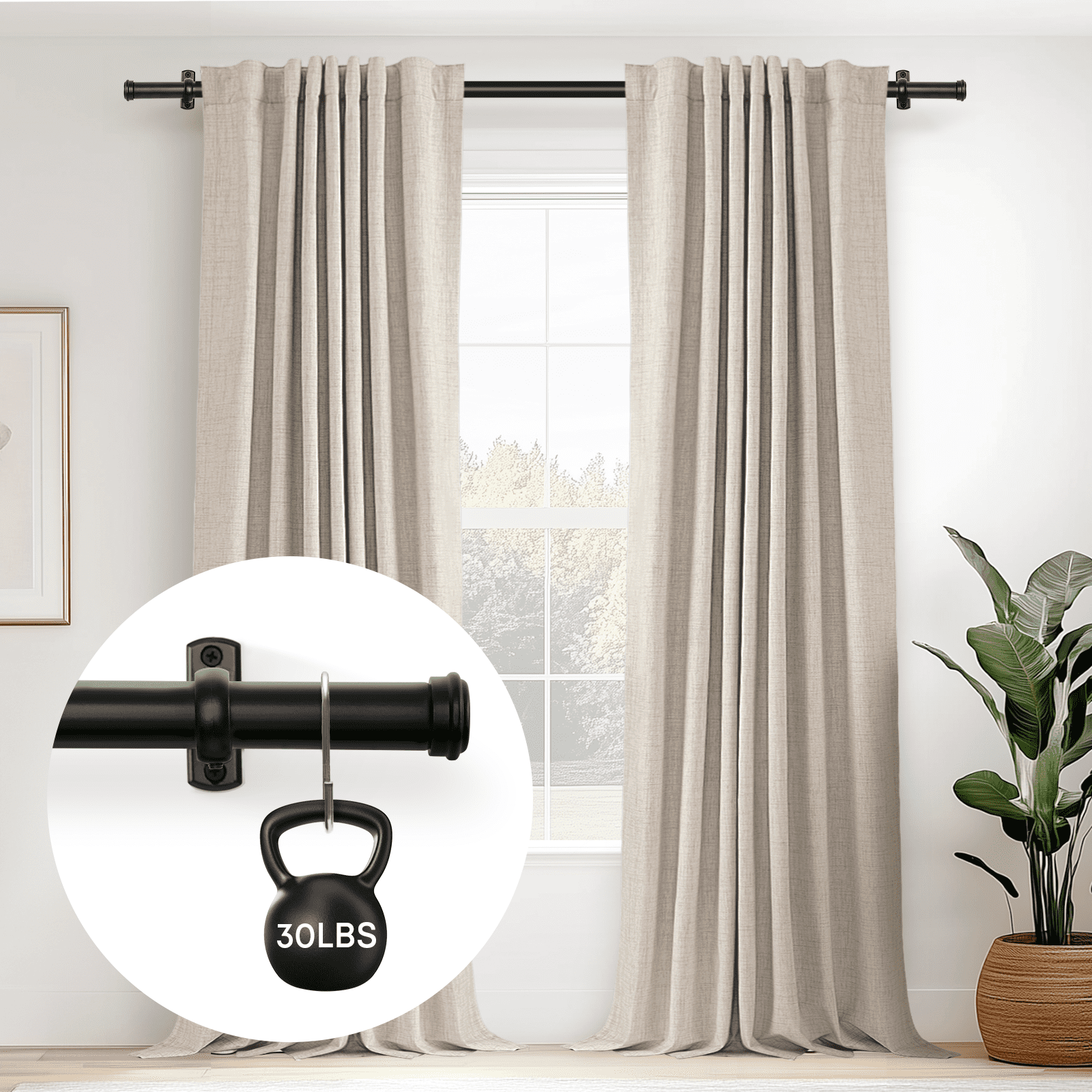 Rose Home Fashion 1 Inch Black Adjustable Curtain Rods Windows Outdoor for Patio Wall & Ceiling Mount, 48" - 86"