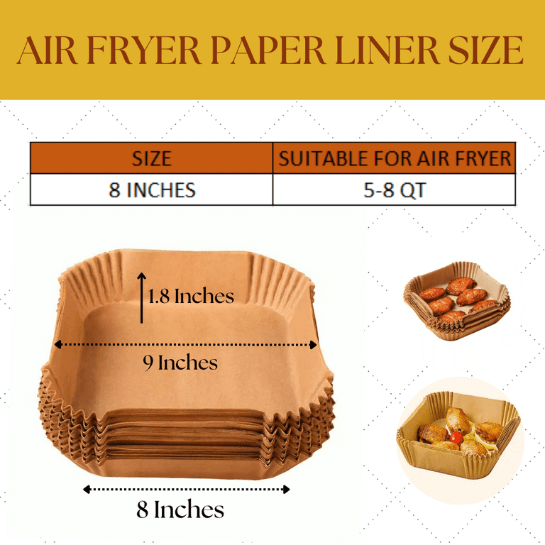 FINECE Air Fryer Liners Square, 100PCS for 2 to 5 Qt Air Fryer Disposable  Paper Liner, 6.3 inch Unbleached Non-stick Oil-proof Parchment Paper