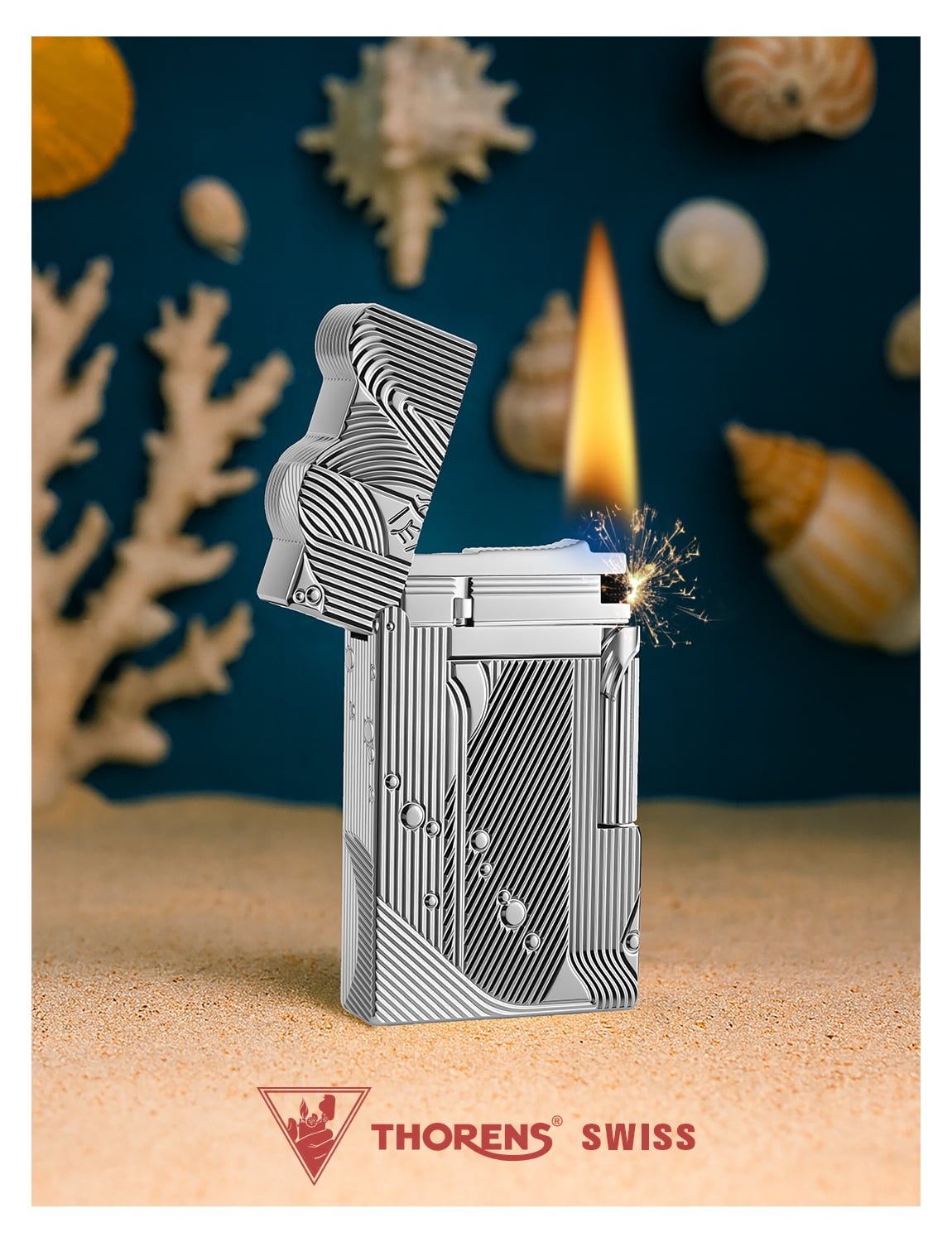 Refillable Swiss Luxury Classic Retro Thin Brass Kerosene Lighter, Crisp Sound, Side-Slide Soft-Flame, Unique,Electroplated Chrome Color,Relief, Collectible, Gift for Father, Thorens Mermaid