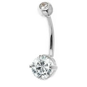 14k Solid White Gold Belly Button Top Bottom Cubic Zirconia Navel Barbell Ring