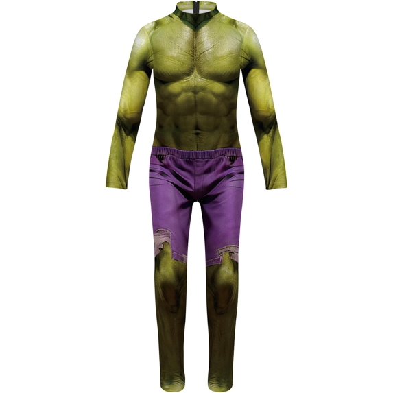 Guvpev Halloween Superhero Cosplay Costume, Green Muscle 3D Print Spandex Bodysuit Jumpsuit, Full Body Dress-Up Outfit with Purple Shorts Printed for Halloween Party & Stage Performance