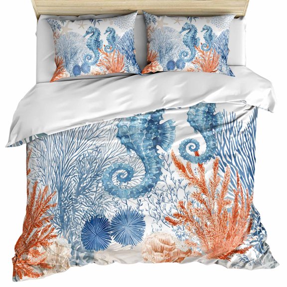 Blue Red Seahorse Coastal Bedding 3 Piece Duvet Cover Set Full Size, Summer Beach Coral Nautical Soft Microfiber Comforter Cover with Zipper Closure & Pillowcases, Wrinkle & FadeResistant Quilt Cover