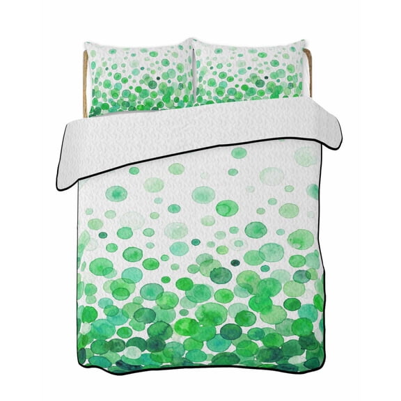 Quilts Twin Size Bedding Set, Ombre Green Polka Dot Lightweight Quilted Comforter, Abstract Watercolor Geometric Gradient Soft Bedspread Coverlet with Pillow Covers for All Season, 68" x 86"