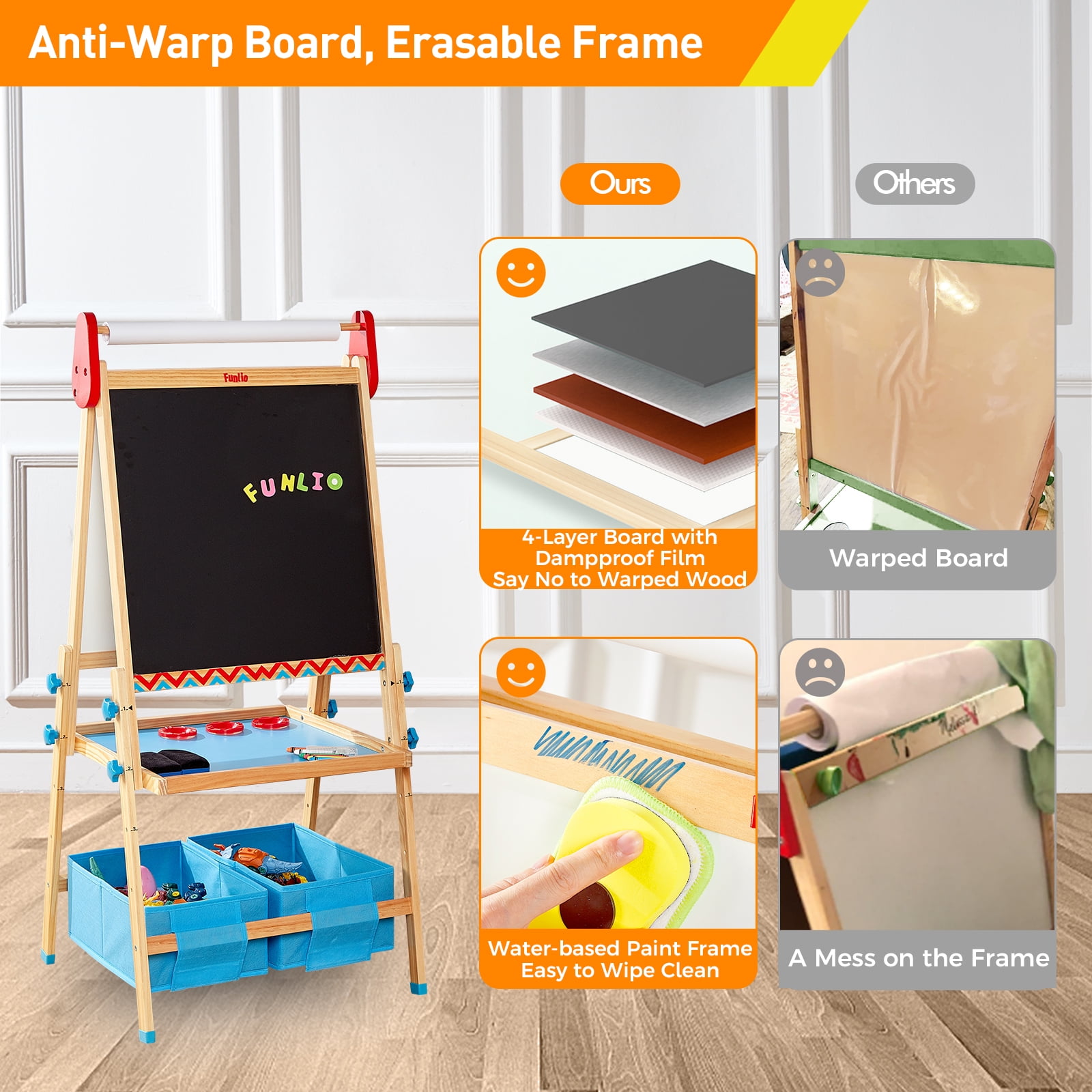 FUNLIO Art Easel for Kids Aged 2-8, 3-Level Height Adjustable, All-in-One Standing Easel with Paper Roll