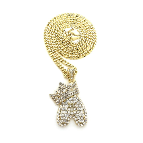 Unique Fashion 21 Hip Hop Iced Out Crown Bubble Initial Letter A Pendant 3mm 24" Cuban Chain Necklace