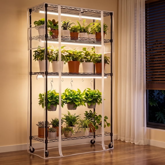 4-Tier Indoor Greenhouse with Grow Light, 59" Plant Stand with 4-Pack Full Spectrum Plant Lights, Mini Greenhouse Cabinet with Clear PVC Cover, Timer, Thermometer,for Seed Starting & Plant Care