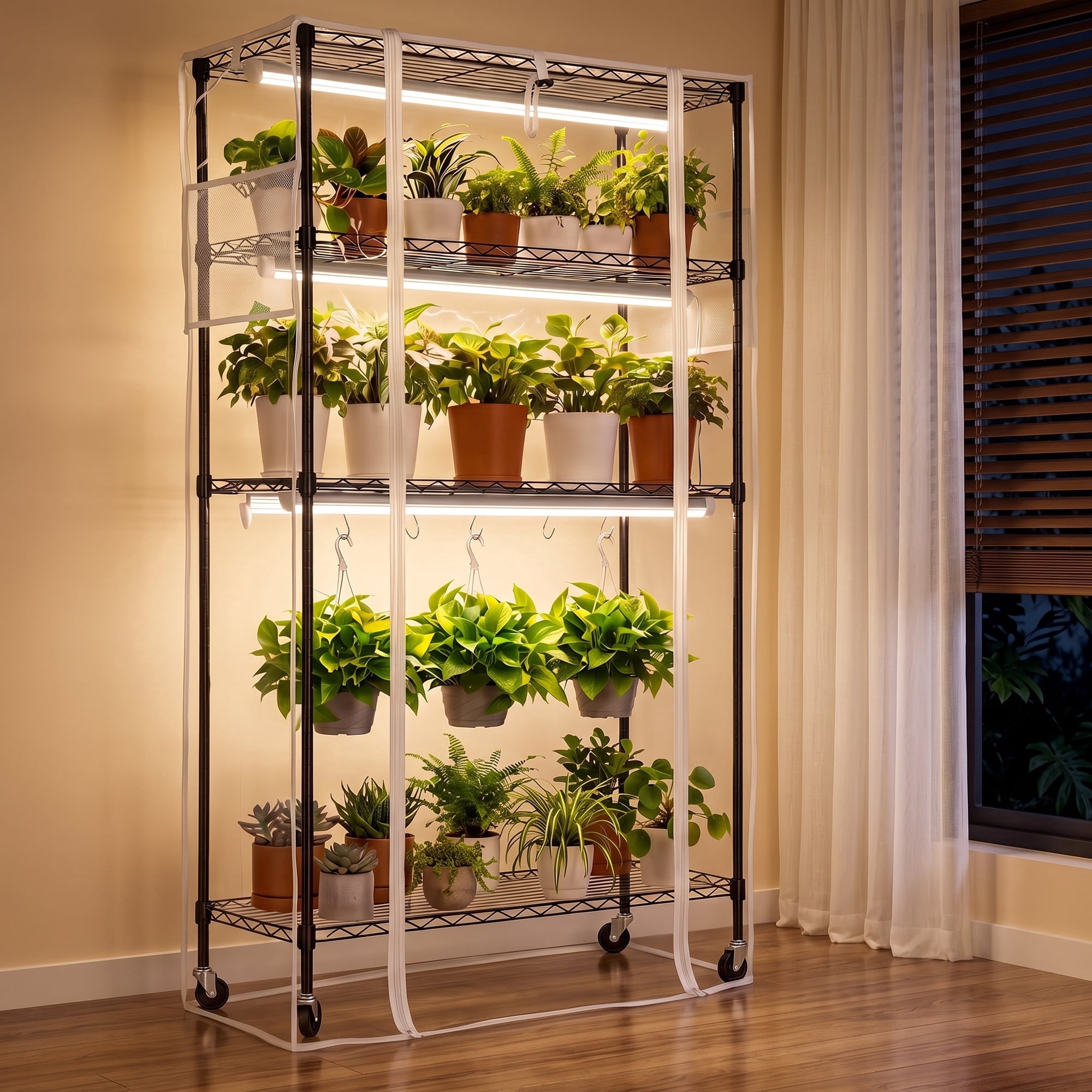 4-Tier Indoor Greenhouse with Grow Light, 59" Plant Stand with 4-Pack Full Spectrum Plant Lights, Mini Greenhouse Cabinet with Clear PVC Cover, Timer, Thermometer,for Seed Starting & Plant Care