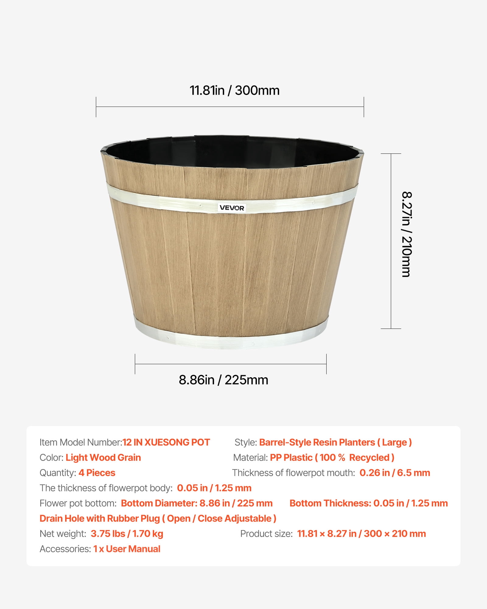 VEVOR Plant Pots, 4 Pack 11.81 inch Whiskey Barrel Planters with Drainage Holes,Large Outside Plastic Decoration Flower Pot Imitation Wine Barrel Design for Indoor Outdoor Garden Home Plants,Brown
