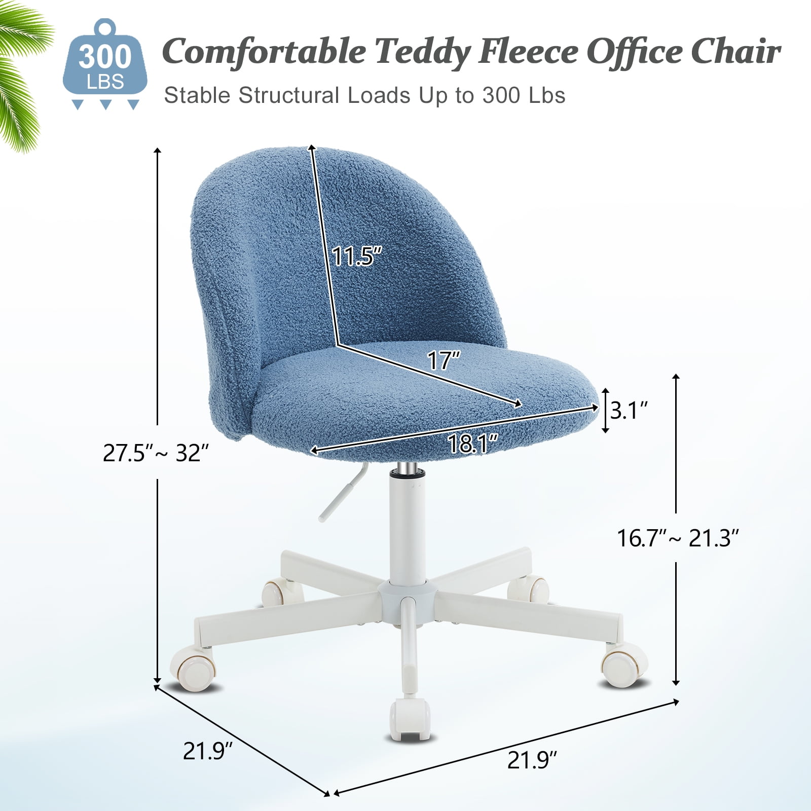 Ktaxon Armless Home Office Desk Chair Cute Mid Back Vanity Stool Teddy Velvet Swivel Task Chairs with Wheels Blue